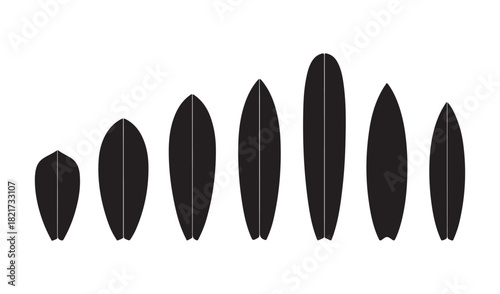 Collection of black surfboard silhouettes of varying sizes arranged in a row
