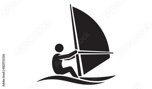 Stylized black silhouette of a person windsurfing on water