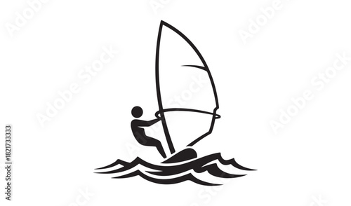 Stylized silhouette of a windsurfer on water with waves
