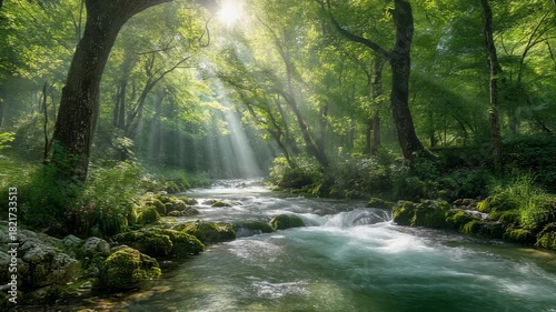 Serene River Flowing Through Lush Green Forest with Sunlight Beams and Natural Beauty