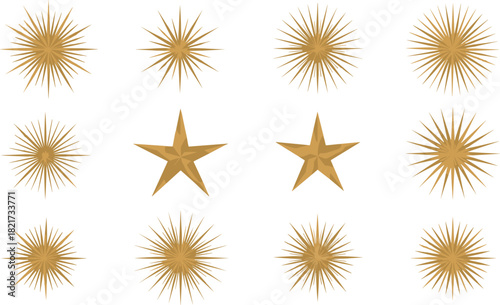 Golden Star and Starburst Set, Christmas Sparkle Icons, Celestial Objects, Vintage Sunburst Shapes, and Holiday Decoration Elements Vector Graphics for Design.