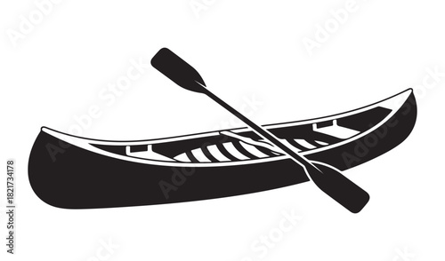 Black silhouette of a canoe and paddle on a white background