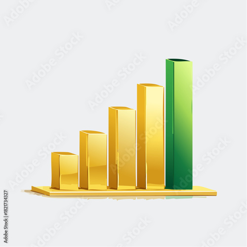 Golden bar graph shows increasing growth with a green bar indicating peak performance on a white surface, representing financial success and achievement.