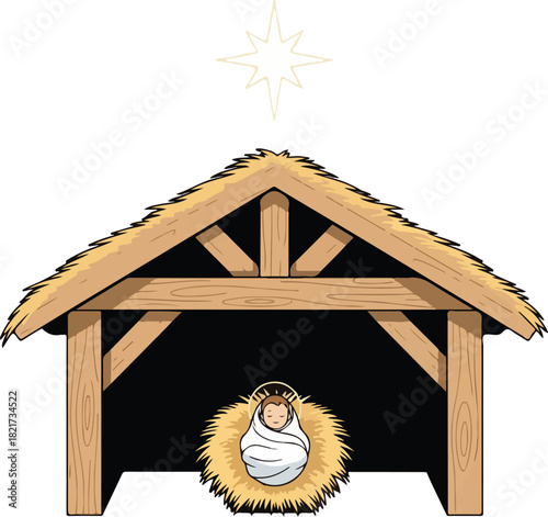 Nativity Scene Illustration: A serene depiction of the nativity scene with a wooden stable and a shining star above. The image evokes a sense of peace, faith and the miracle of Christmas.