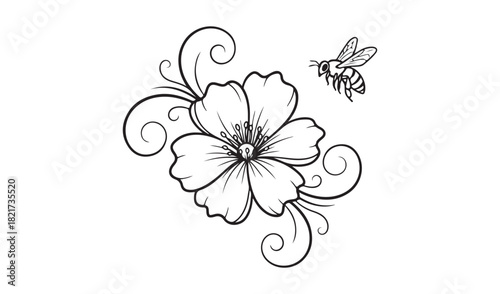Black and white illustration of a flower with a bee and decorative swirls