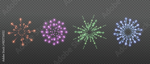 Set of glowing fireworks explosion on transparent background for holiday designs and festive overlays.