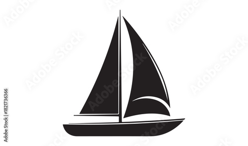 Black silhouette of a sailboat with full sails on a white background
