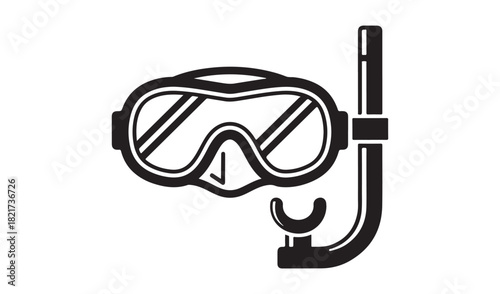 Black and white illustration of a snorkel mask and tube icon