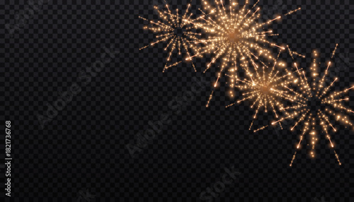 Festive fireworks on a transparent background.  Festive sparks and explosions. Realistic light effect New Year's Eve, Christmas.