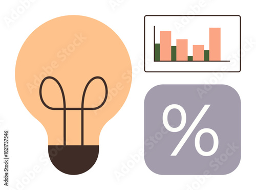 Lightbulb alongside bar graph and percentage symbol indicating innovation, analytics, and strategy. Ideal for business, finance, education, creativity, growth statistics and marketing. Simple flat