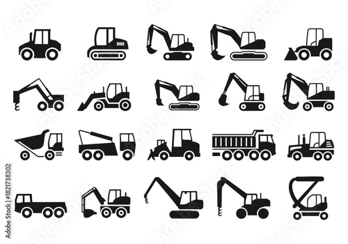 Construction heavy machinery vehicles industrial equipment icons