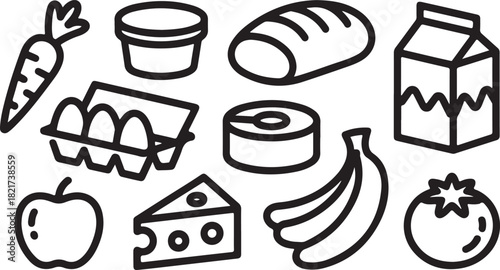 Assortment Of Food Icons Carrot Container Bread Milk Eggs Canned Food Banana Apple Cheese Tomato