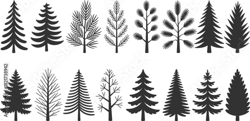 Set of stylized pine, fir, and spruce tree silhouettes, black vector icons for minimalist forest scenery, nature, and holiday designs,