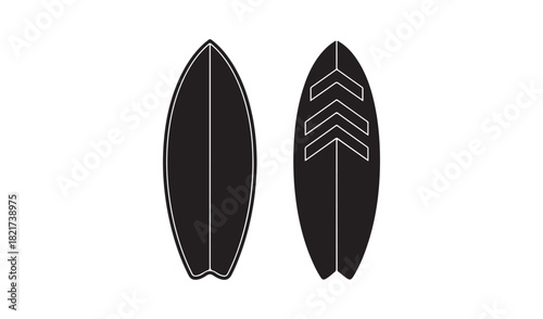 Two black surfboards with white accents on a white background