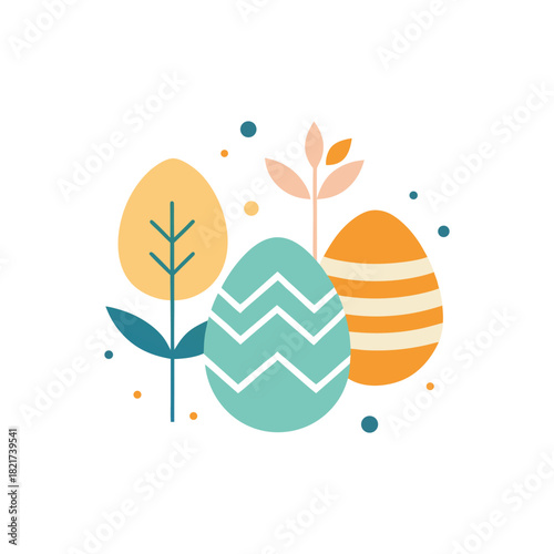 A modern flat illustration of decorated Easter eggs with geometric patterns and simple leaves. Scandinavian style graphic design for the spring holiday