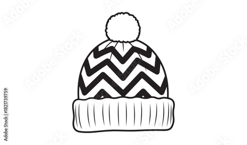Black and white hand drawn winter hat with chevron pattern and pom pom