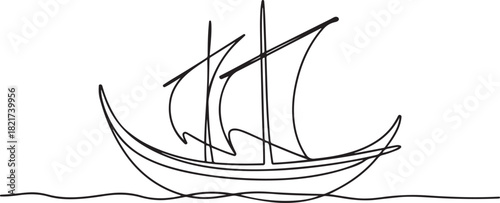 Single continuous line drawing pinisi ship. Traditional boat from South Sulawesi, Indonesia. Has a very unique design. Inter island trade. National Maritime Day. one line Icon drawing