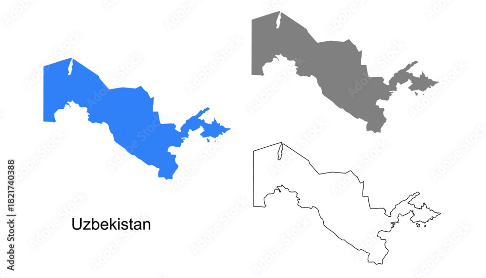 Fototapeta premium Uzbekistan map set. Uzbekistan map vector. Uzbekistan map on blue silhouette, gray, and outline