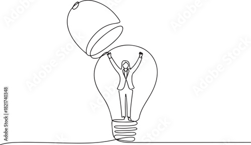 Continuous one line drawing a businesswoman stands in lightbulb with the top open raising hands. Get out of the erratic mind. Idea. National Creativity Day. one line Icon drawing