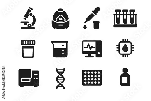 Microscope bottle sample laboratory centrifuge icon set vector analyzer machine computer container