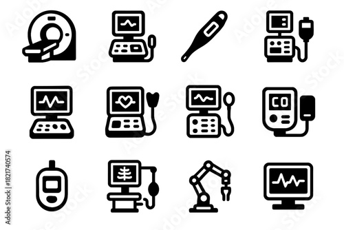 Icons vector icon thermometer device glucose monitor ecg digital medical ultrasound blood