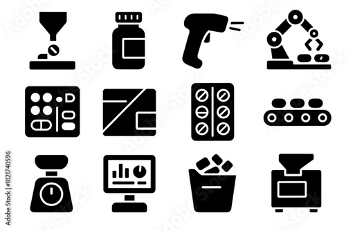 Arm screen prescription icons pharmacy vector packaging medicine digital scale grid robotic