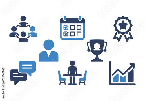 Modern business icons for teamwork, planning, growth, and success.