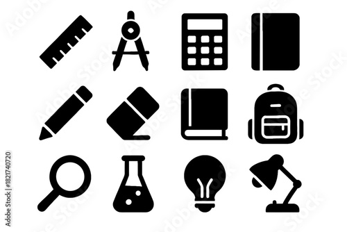 Test minimal study lamp desk eraser notebook tools lightbulb vector magnifier icon