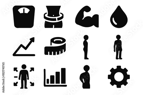 Metrics weight tape outline chart bar body around icons icon ruler vector