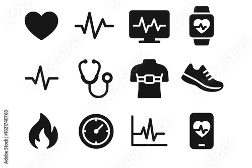 Graph vector fire phone chest monitoring smartwatch dial heart icons stethoscope heartbeat