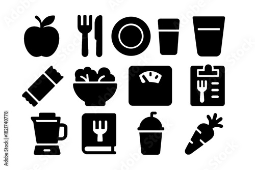Meal glass plan salad icon vector protein scale water nutrition smoothie set