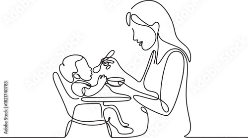 A continuous line drawing of a caring mother feeding her son in a baby high chair, reflecting Infant Feeding Day. one line Icon drawing