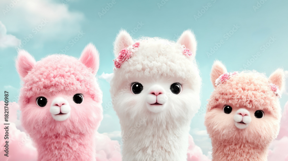 Naklejka premium Drei niedliche Alpakas in Pastellfarben mit Rosenakzenten vor sanfter Wolkenkulisse
