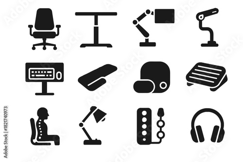 Posture ergonomic icon rest vector chair lamp arm headphones desk keyboard workspace