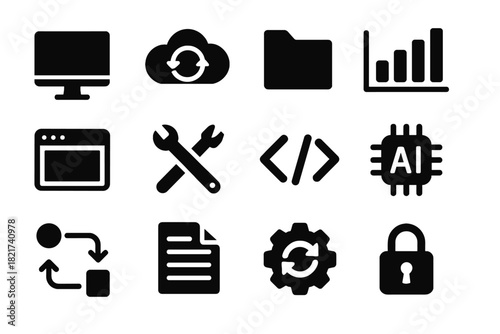 Cloud folder sync monitor digital icons stack gear workflow automation icon vector