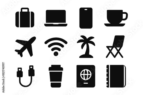Icons notebook palm icon mug travel coffee work vector anywhere cable cup