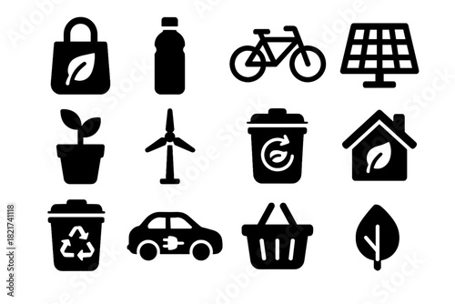 Vector bin house bicycle bag eco living leaf compost pot car icons