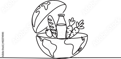 Single one line drawing half round globe with open top with French bread, glass bottle of milk, vegetables. Lack of nutritional equity. World Hunger Day. one line Icon drawing