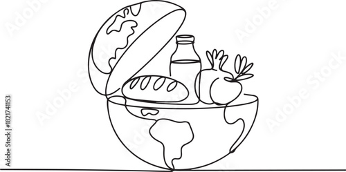 Single one line drawing half round globe with open top with French bread, glass bottle of milk, vegetables. Lack of nutritional equity. World Hunger Day. one line Icon drawing