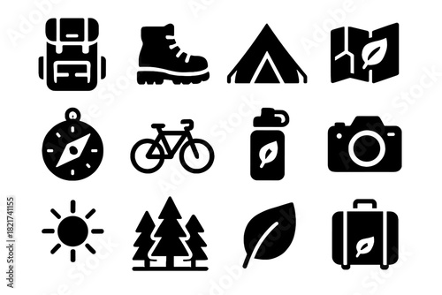 Forest boots tent compass eco icons vector sun hiking icon travel backpack