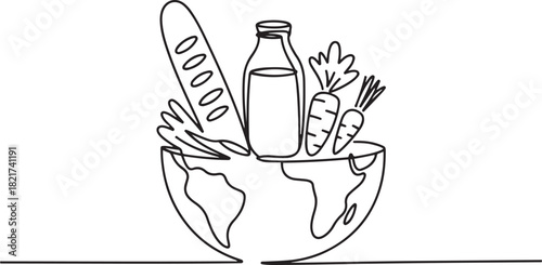 Single one line drawing half round globe with open top with French bread, glass bottle of milk, vegetables. Lack of nutritional equity. World Hunger Day. one line Icon drawing