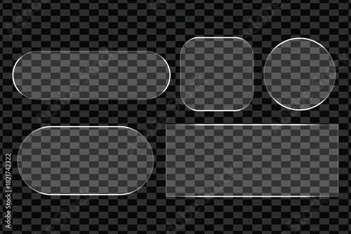 Collection of transparent glass shapes with rounded corners on a checkerboard background