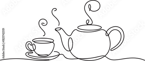 Continuous one line drawing teapot with a cup with a saucer. Symbol of great ease of tea cultivation throughout the world. Hot tea. International Tea Day. one line Icon drawing
