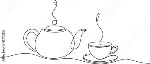 Continuous one line drawing teapot with a cup with a saucer. Symbol of great ease of tea cultivation throughout the world. Hot tea. International Tea Day. one line Icon drawing