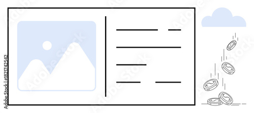 Cloud releasing coins alongside a webpage mockup with image placeholder and text lines. Ideal for technology, finance, data monetization, online income, digital platforms, software, innovation