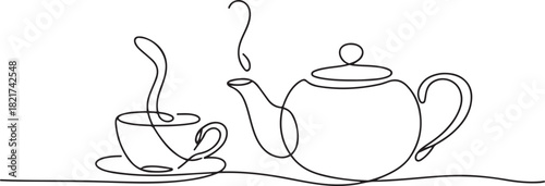 Continuous one line drawing teapot with a cup with a saucer. Symbol of great ease of tea cultivation throughout the world. Hot tea. International Tea Day. one line Icon drawing