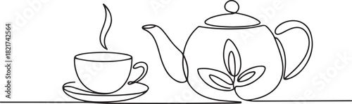 Continuous one line drawing teapot with a cup with a saucer. Symbol of great ease of tea cultivation throughout the world. Hot tea. International Tea Day. one line Icon drawing