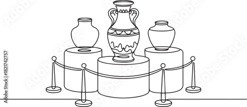 Single one line drawing several jars displayed on podium with ropes attached to poles. A rare vase from the Chinese imperial era. International Museum Day. one line Icon drawing