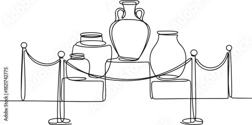 Single one line drawing several jars displayed on podium with ropes attached to poles. A rare vase from the Chinese imperial era. International Museum Day. one line Icon drawing