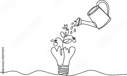 Single one line drawing watering plant bearing fruit lightbulb growing from a broken lightbulb. An effort to maintain a mindset. National Creativity Day. one line Icon drawing